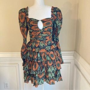 ULLA JOHNSON Nayla Abstract Silky Green Orange Metallic Print Ruffle Dress NWT